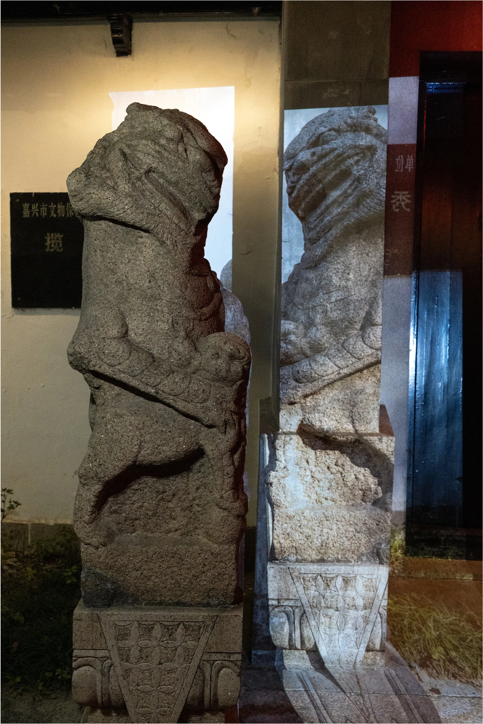 Side view of a stone lion with its projected companion on the wall behind it.