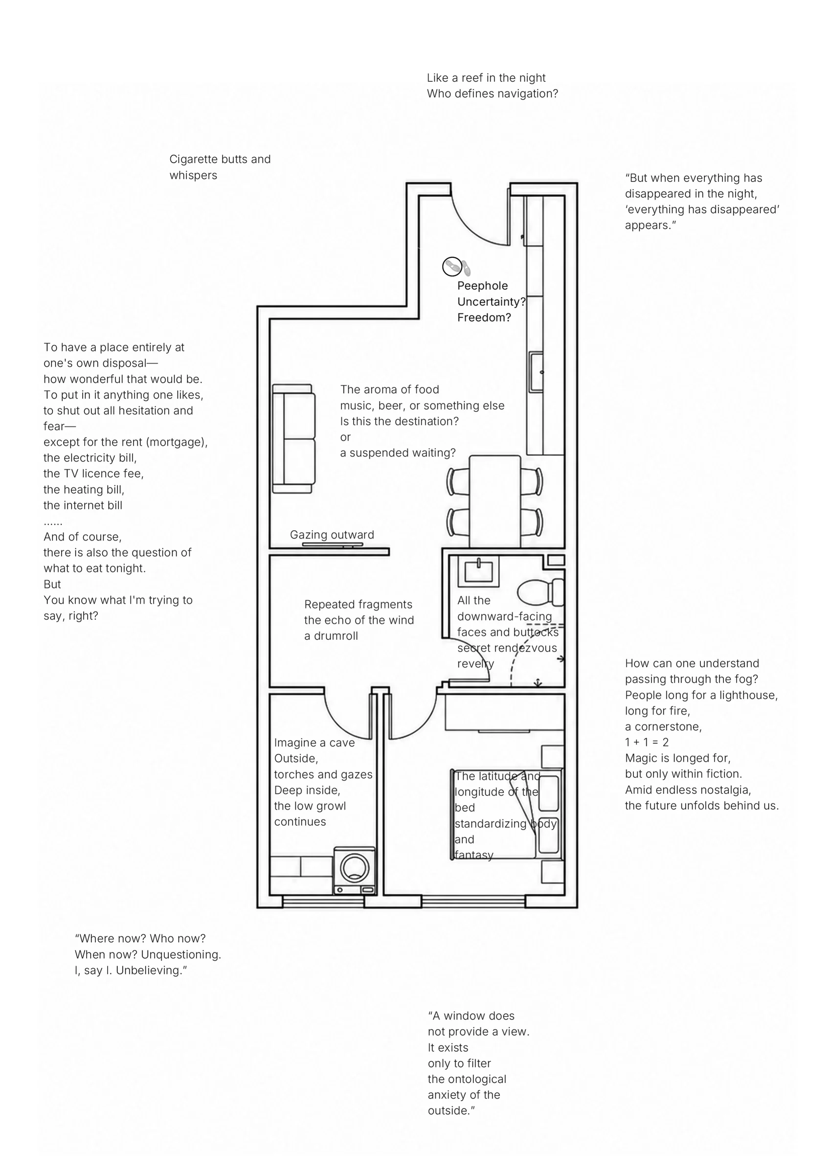 An architectural floor plan and fragments of text, superimposed on white paper.