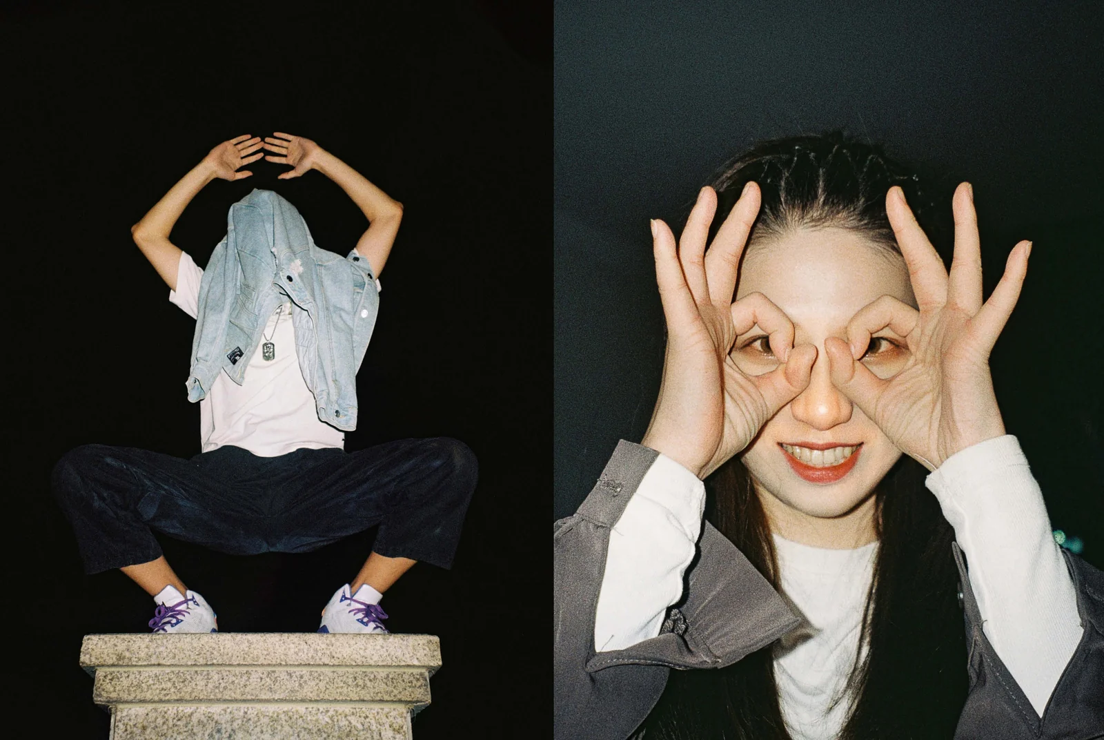 Two adjoining portraits: a seated person with a jacket over their face, and a person making circles around their eyes.